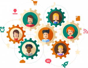 engranajes conectados simulando el trabajo en equipo