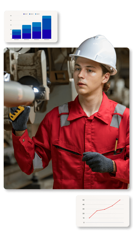 Esta composición visual se divide en tres secciones distintas: la parte central principal, una gráfica en la esquina superior izquierda y otra gráfica en la esquina inferior derecha.  En el centro, un hombre joven, con expresión concentrada, trabaja con una herramienta industrial. Viste un mono de trabajo rojo, un casco blanco y guantes grises. Sus ojos están fijos en la máquina que tiene delante, y sus manos están colocadas en los controles de la herramienta. El fondo es un entorno industrial, con metal y maquinaria.