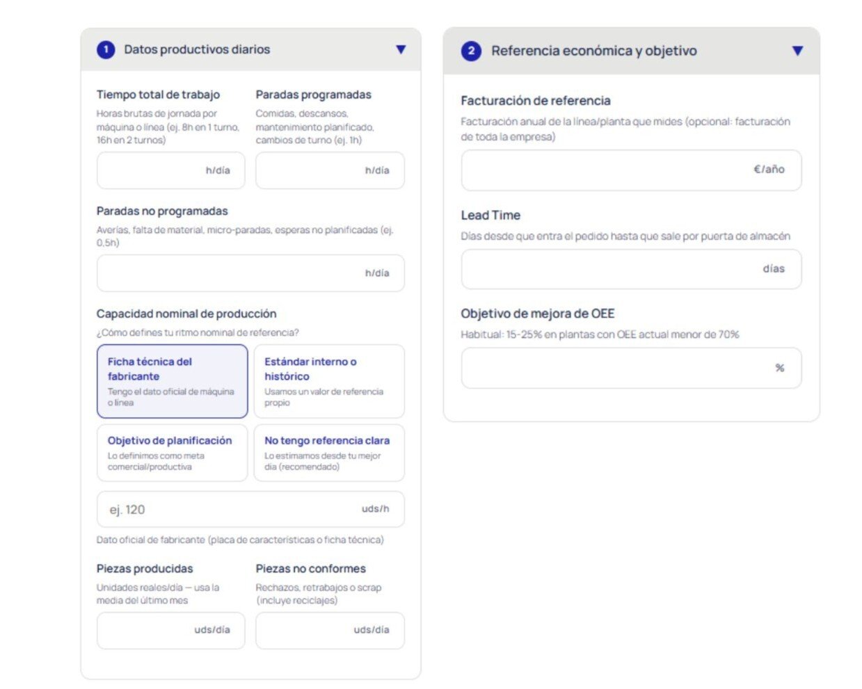 datos a rellenar para calcular oee