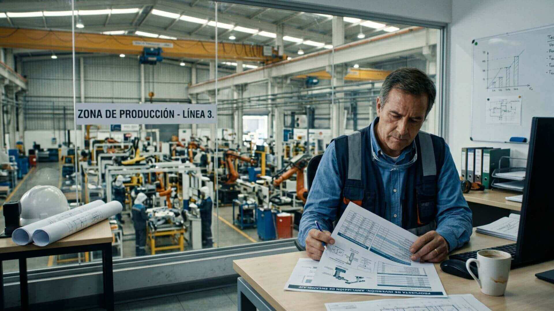 Director industrial evaluando una propuesta de inversión en planta antes de realizar la auditoría de productividad.