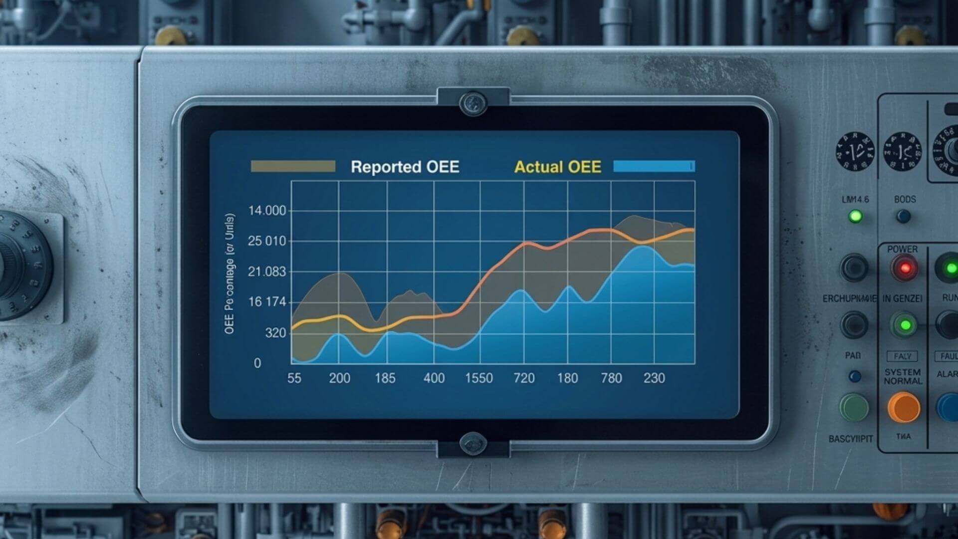 Panel de control industrial mostrando la comparativa entre OEE reportado y OEE real a lo largo del tiempo en una planta de proceso continuo.