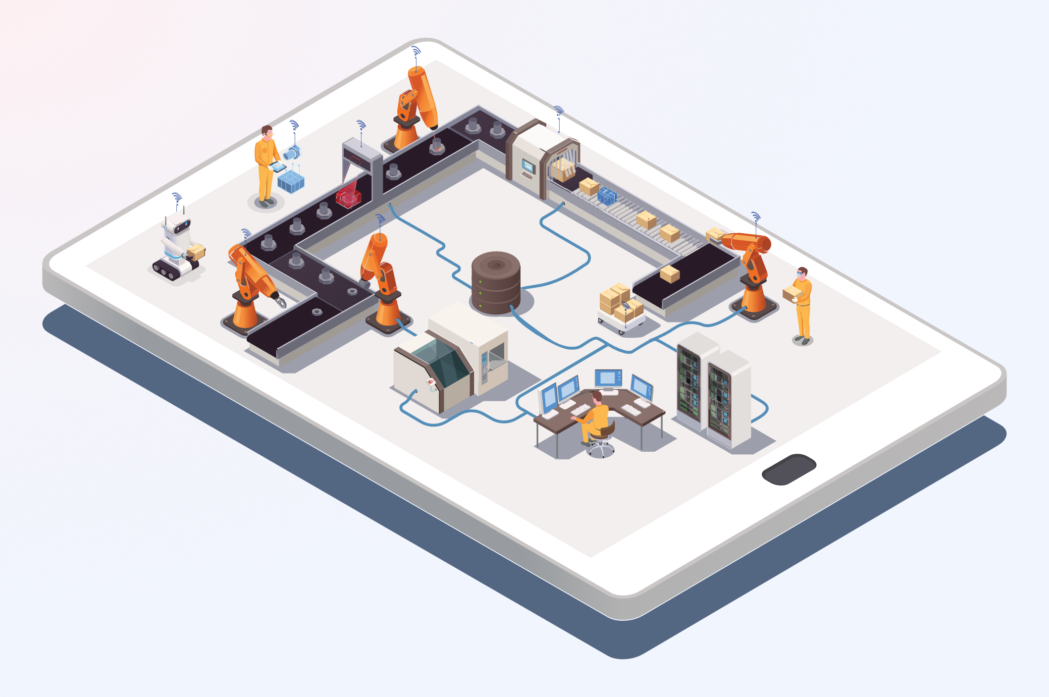 Ilustración de una fábrica inteligente conectada digitalmente sobre una tablet.