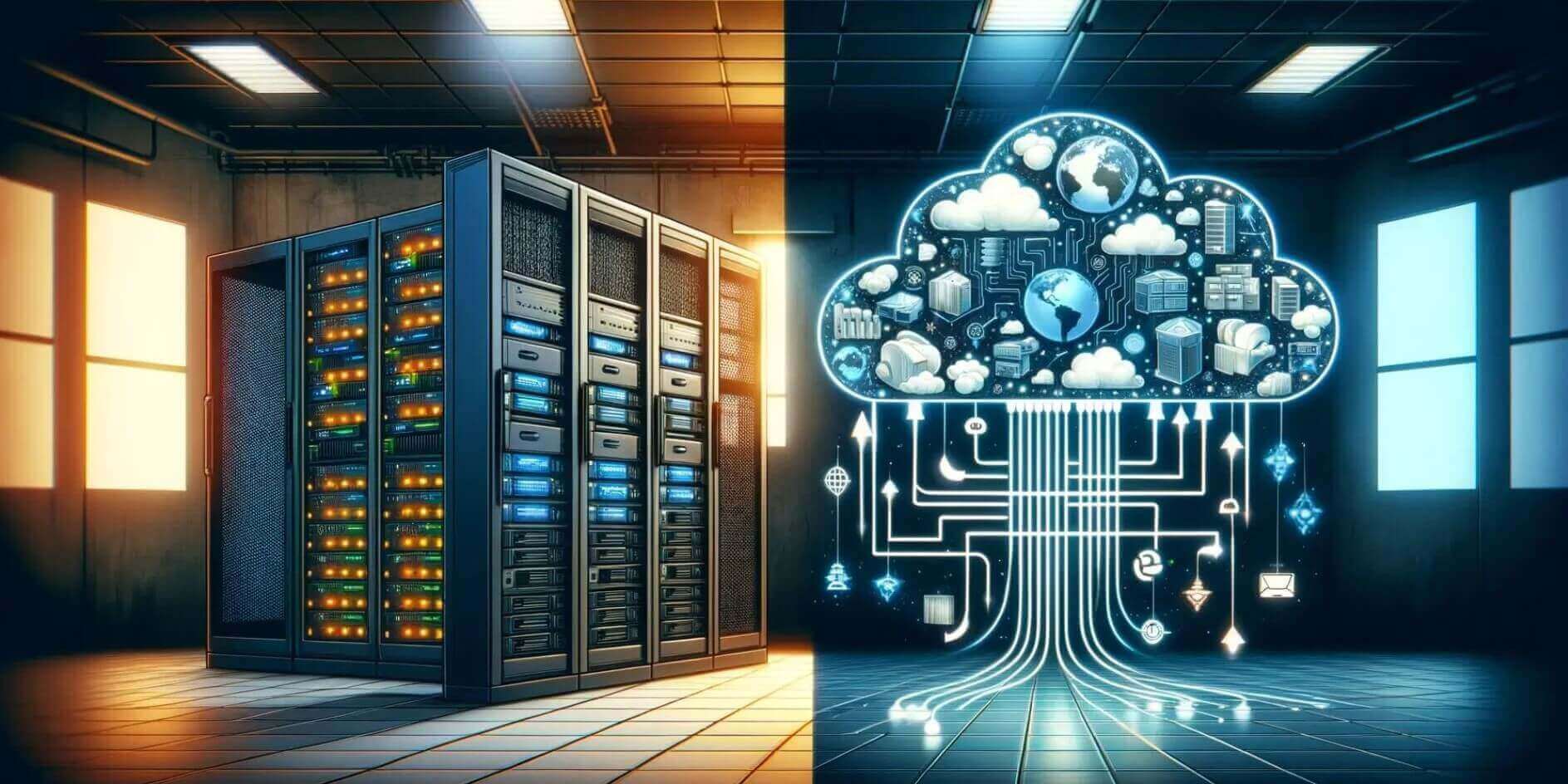 Comparativa visual entre servidores locales físicos y servicios de almacenamiento en la nube para empresas.