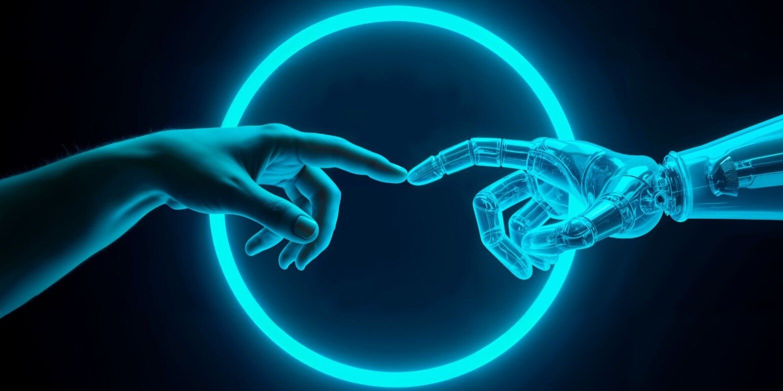 Human-robot connection representing digital twin and industrial process simulation