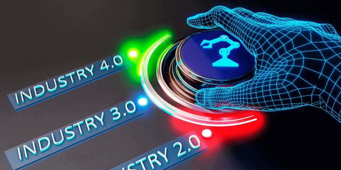 Mano pulsando botón para avanzar de la Industria 2.0 a la 4.0.