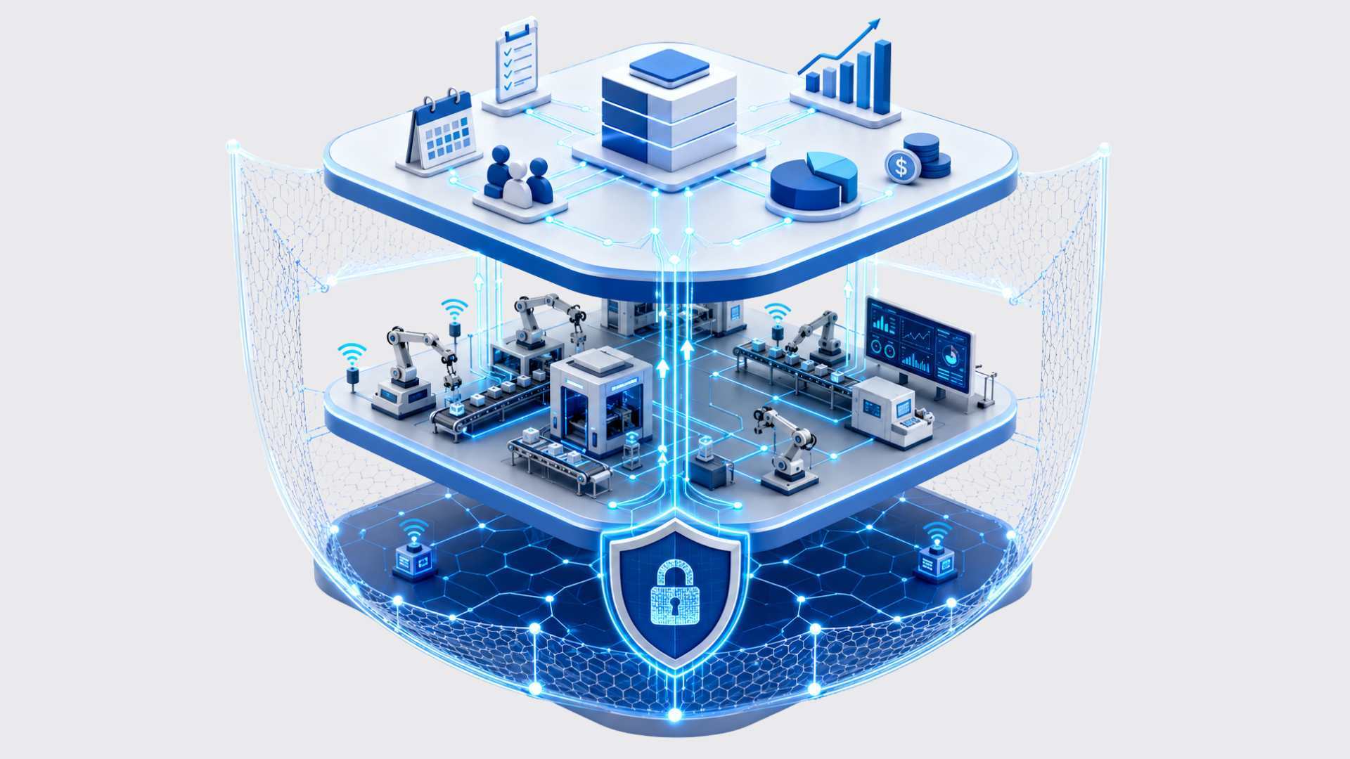 Las tres capas tecnológicas que necesita una PYME industrial en 2026: ERP, MES y ciberseguridad.