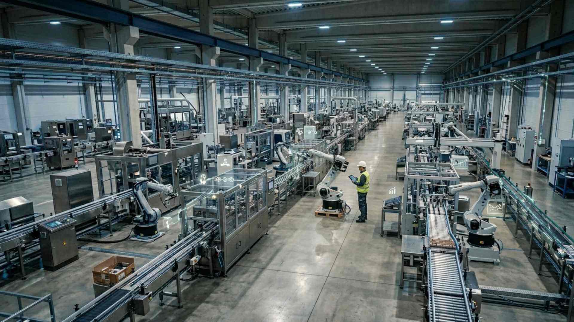 Planta industrial moderna con sistema nervioso digital: visualización de la digitalización integral de fábrica.
