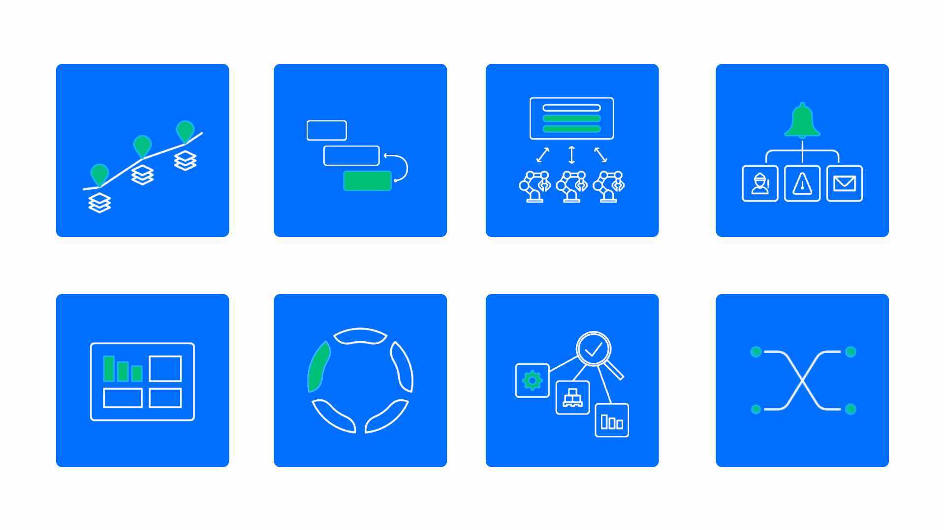 Las 8 funciones de un sistema MES INEXION representadas por iconos: trazabilidad, secuenciador, monitorización de máquinas, proactividad, dashboard OEE, calidad, integración y energía.