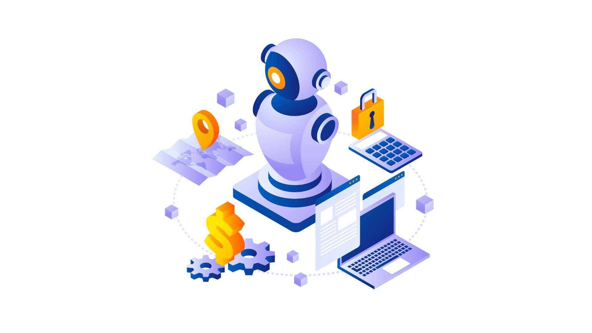Ilustración de robot representando tecnología RPA rodeado de iconos de automatización empresarial, ciberseguridad, finanzas y sistemas digitales.